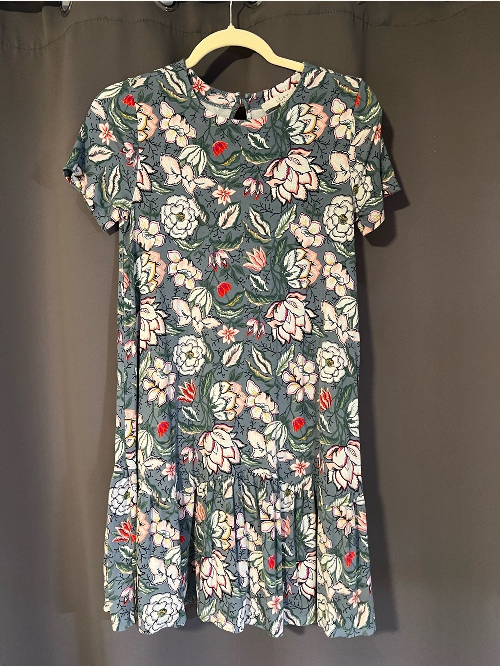 LOFT Floral Short-Sleeve Dress in Teal with Pink and Red Accents